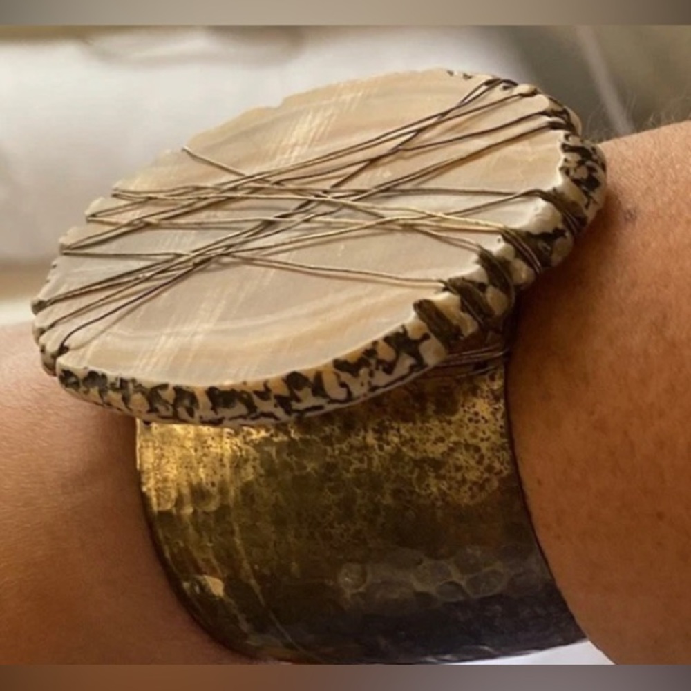 Rare Statement Handmade Brass Cuff bracelet Agate Stone chic Boho Cottage Core